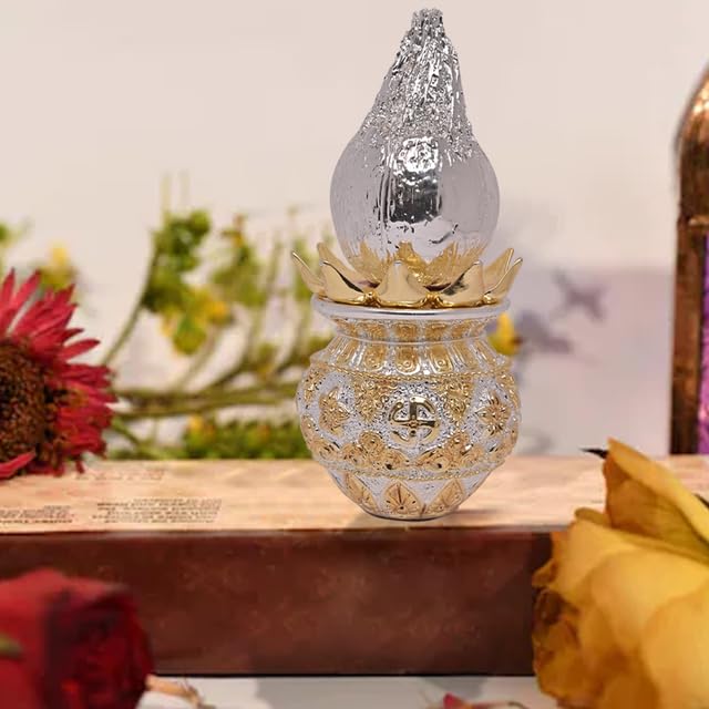 Image of Diviniti 999 Silver Plated Double Tone Kalash With Coconut for Grah Parvesh, Good Luck, Mandir, Temple, Wisdom, Pooja Thali Nariyal & Lota, Home Festival, Puja Room, Shagun Luxury Gift (19x4 CM, 760g)