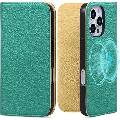 VISOUL Capa carteira de couro real para couro granulado 16 Pro (Verona verde + amarelo)