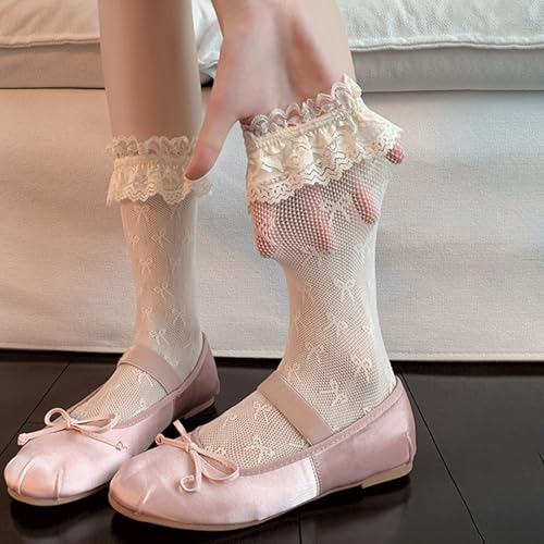 Image of White Knee High Socks, Lace Ruffle Cute Sock Lolita Stockings Kawaii Lace Top Thin Socks for Girl Women