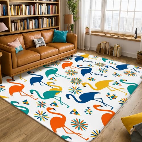 Alfombra tropical de pelo bajo naranja rectangular para sala de estar 2