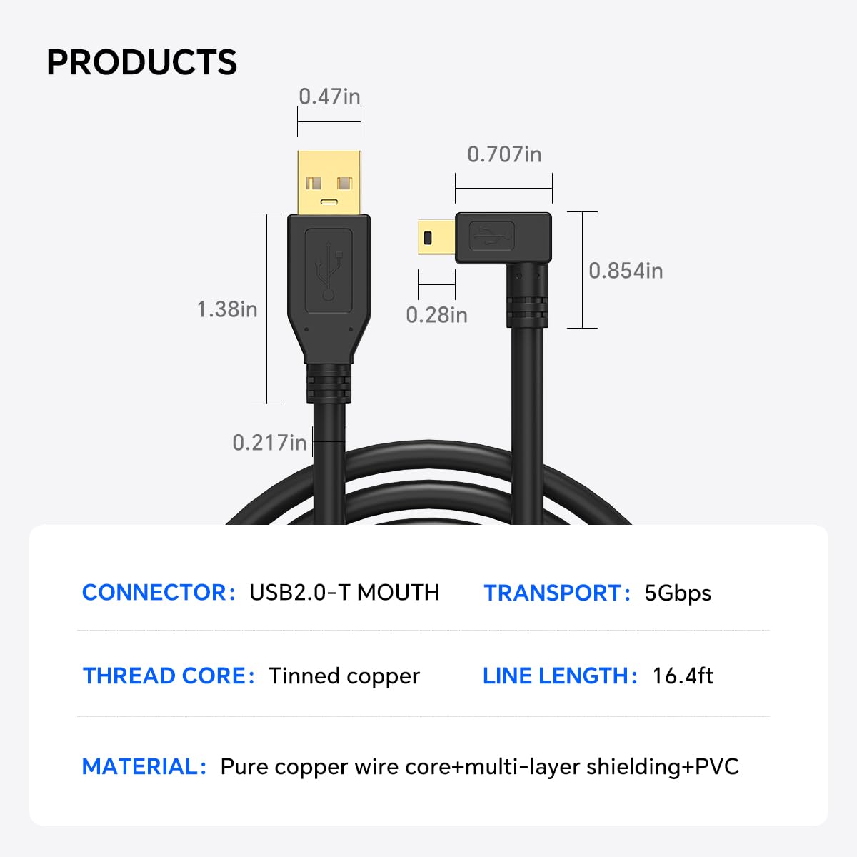 16ft USB A to Mini B Camera Transfer Cable, Right Angle for Live View