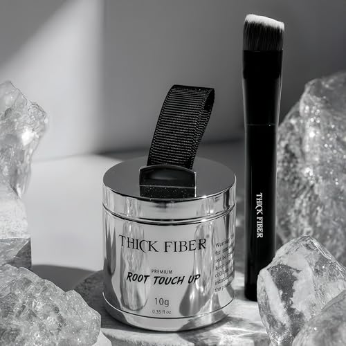 Image of THICK FIBER Root Touch Up (Large, 10g) & Hairline Powder - Covers Grey Roots & Thin Hair - Water & Sweat Resistant with Precise Brush - Hair Concealer for Roots, Bald Spots & Hair Fill-In (Black)