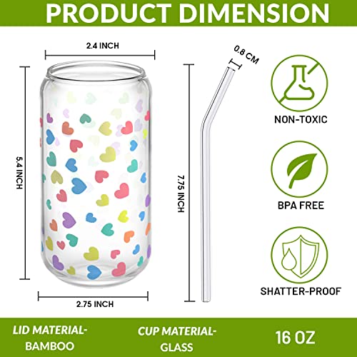 Domerry Set Of 4 - Heart Color Changing 16Oz Soda Can Glass With Bamboo Lid And Glass Straw - Color Changing Cups With Heart Design - Iced Coffee Glasses - Iced Tea Glasses - Tumbler #TOP1