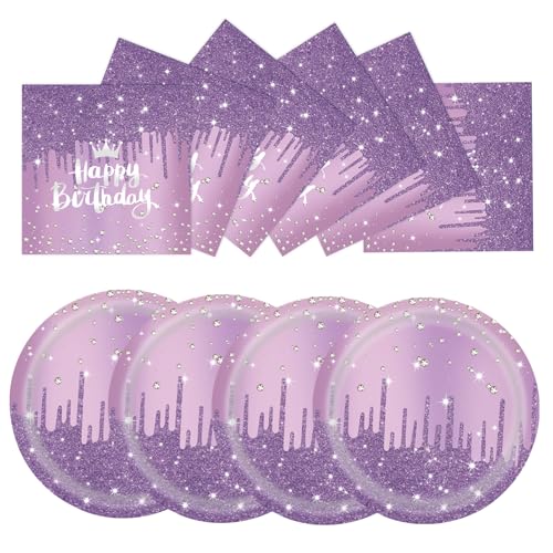 50 Stück Lila Happy Birthday Teller und Servietten Set,25 x 17.8cm...
