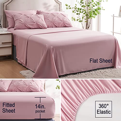Ubauba 5pc Twin Size Comforter Set with Sheets, Pink Pintuck 5 Piece Bed in a Bag with Comforter, All Season Pinched Bedding Comforters & Sets (Pink,Twin)