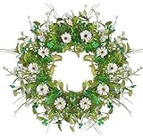 NAHUAA Front Door Wreath 21.7 Inch Daisy White Wreath Clover Green Wreaths for Front Door Porch Windows Walls Wedding Farmhouse Kitchen Decor Indoor Outdoor