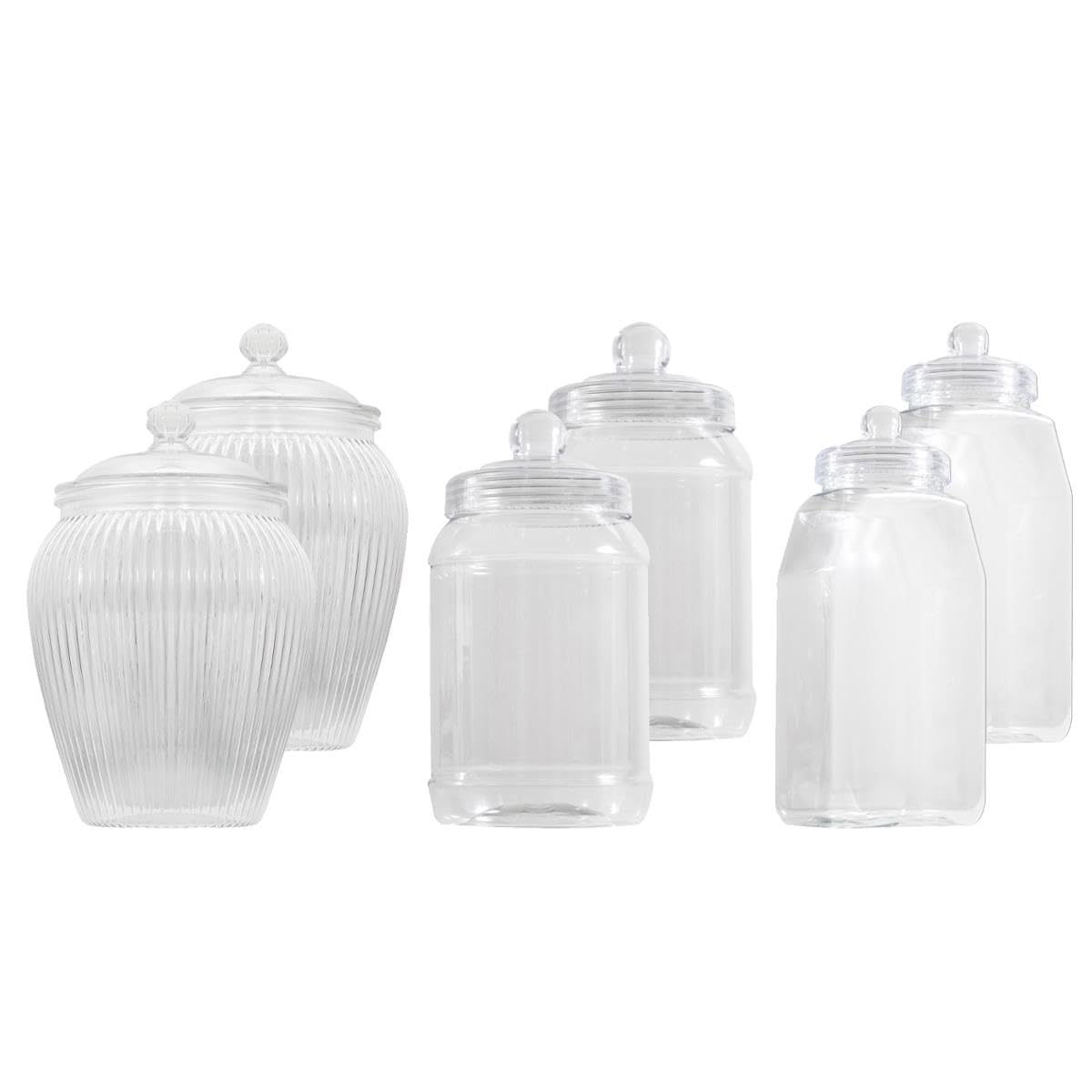 Yöl Clear Set Of 6 Plastic Sweet Jars With Lids 2 Of Each Size - 1150Ml 1300Ml 1500Ml - Storage Containers Round Rectangular Ribbed Treat Jar For Sweets Biscuits Chocolate Party Shop Display
