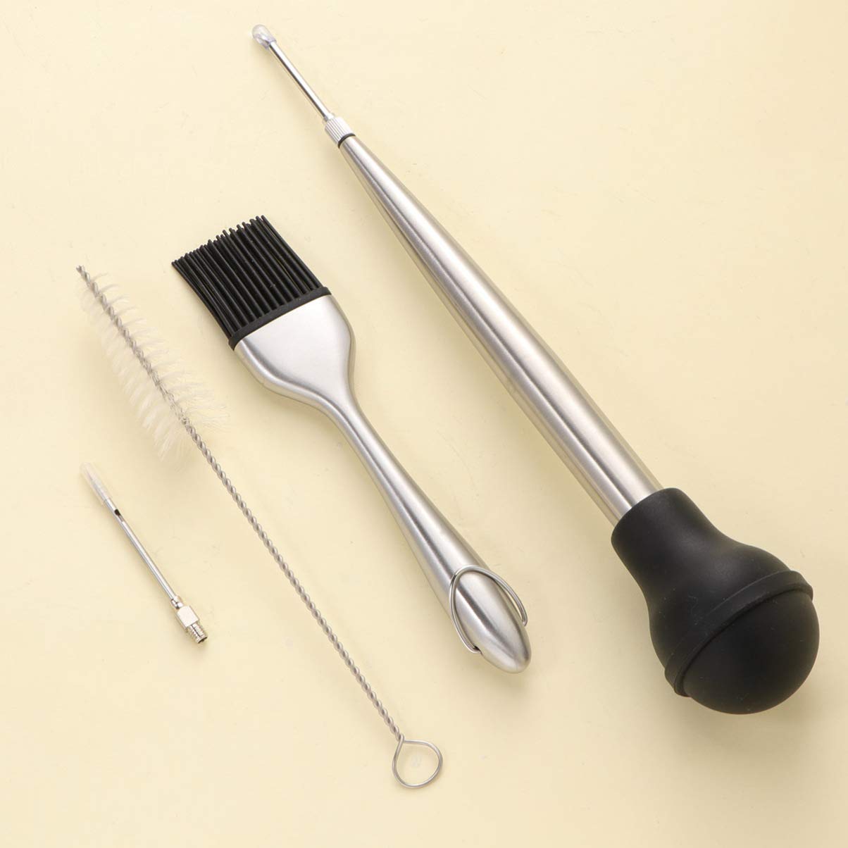 DOITOOL 4pcs Stainless Steel Turkey Baster Silicone Oil Dropper Seasoning Tube Bbq Tool Kit for Flavor Includes Cleaning Brush Black