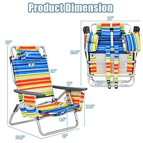 Image of Giantex Folding Beach Chair, Patio Sling Chairs with 5 Adjustable Position, Head Pillow, Storage Bag, Towel Bar, Cup Holders, Backpack Chairs for Sunbathing, Camping Chair