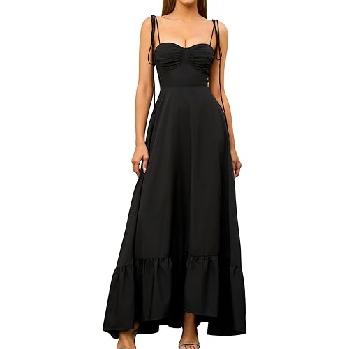 GLNEGE Women's Summer Spaghetti Strap Maxi Dress Casual Sleeveless Smocked Ruffle Tea Party Dresses Backless Flowy Sundress