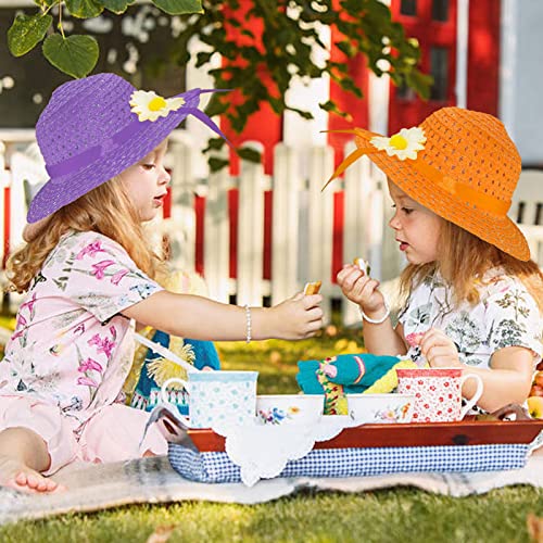 Vegove 6 Sets Girls Tea Party Straw Sun Hats with Handbags, Gloves & Kits - Country Girl Dress Up Easter Princess Costume Accessories, Birthday Supplies4