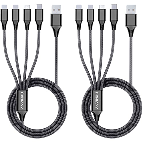 Multi Charging Cable, Multi USB Cable 3A 4FT USB Charging Cable Nylon Braided Universal 4in1 Multi Charger Cable Adapter Type-C/Micro USB Port,Compatible with Cell Phones and More (Black, 2Pack)