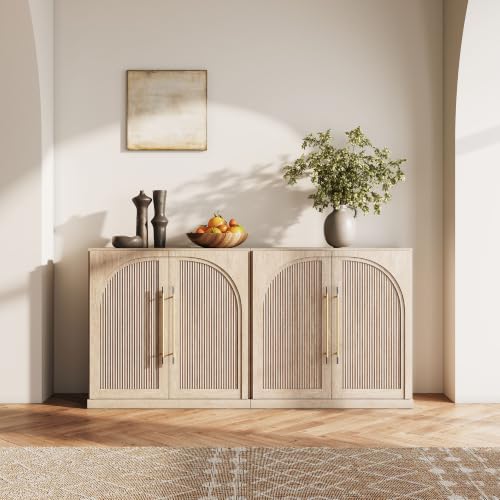 BELLEZE Bijou 31.5" Sideboard Buffet Cabinet, Modern Cabinet with Arched Wood Door - Private Storage Hidden Organizer, Console Table for Livingroom, Entryway & Home, 70lbs Capacity, Camel