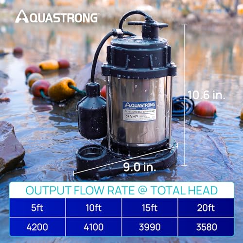Image of AQUASTRONG 3 /4 HP Sump Pump, 4200 GPH Stainless Steel and Thermoplastic Submersible Water Pump, Automatic Float Switch with Piggy-back Plug,1-1 /2 inch NPT Discharge Subpumps for Basement and Flooding Area
