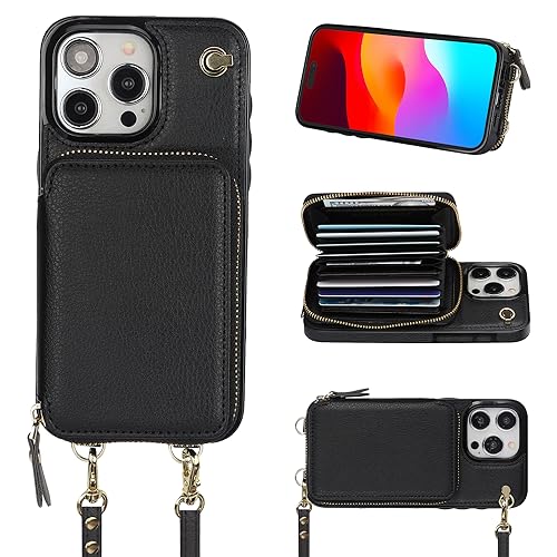 Bocasal Crossbody Wallet Case for iPhone 15 Pro Max, RFID Blocking Leather Purse Case with Card Holder, Protective Handbag Flip Cover with Zipper Wrist Strap Lanyard for Women 5G 6.7 Inch (Black)