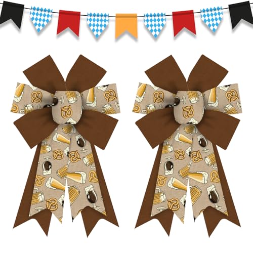 ABTOLS 2pcs Oktoberfest Bows for Wreath, Bavarian German Beer Party Wreath Bows Brown Bows for Front Door, Oktoberfest Pretzels Burlap Ornament Tree Topper Bows for Beer Party Indoor Outdoor Decor