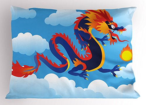 Ambesonne Dragon Pillow Sham, Surreal Folk Tale Creature Spitting on Clouds Chinese Cartoon Art, Decorative Standard Size Printed Pillowcase, 26