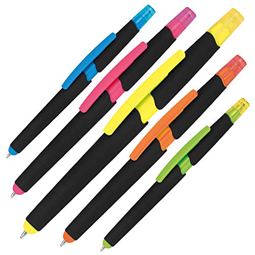 Unbekannt 5er Touchpen Kugelschreiber-Set mit Textmarkern - Modern, Unisex, 5 Stück, 0.7mm, Wasserfest, Gummigriff, Apfelgrün, Hellblau, Pink, Orange, Gelb