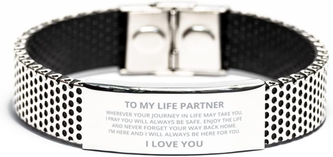 My Life Partner Stainless Steel Bracelet Gifts For Men Women - Wherever Your Journey in Life May Take You - Engagement Wedding Valentines Day Birthday Gifts For Him Her, Engraved Bracelet