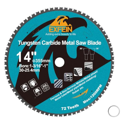 14 Inch 72T Metal Circular Saw Blade - EXFEIN Tungsten Carbide Tipped Saw Blade Arbor 1-3/16" for Metal Sheet or Pipe, Angle Iron, Rebar, Ferrous Metals, Non-Ferrous Metals