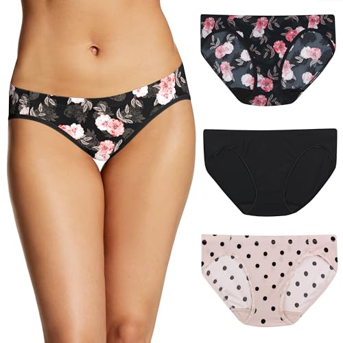 Maidenform Bikini Underwear, Barely There Microfiber Panties, No Panty Lines, 3 Pack Estilo Ropa Interior, Estampado de Flores de óleo/Negro/Arena, Large (Pack de 3) para Mujer
