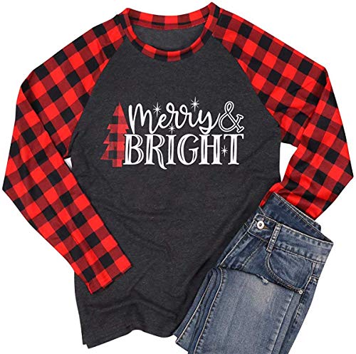 Qrupoad Women Merry Bright Christmas T Shirt Xmas Tree Graphic Shirts Raglan Plaid Check Long Sleeve Tops Tees