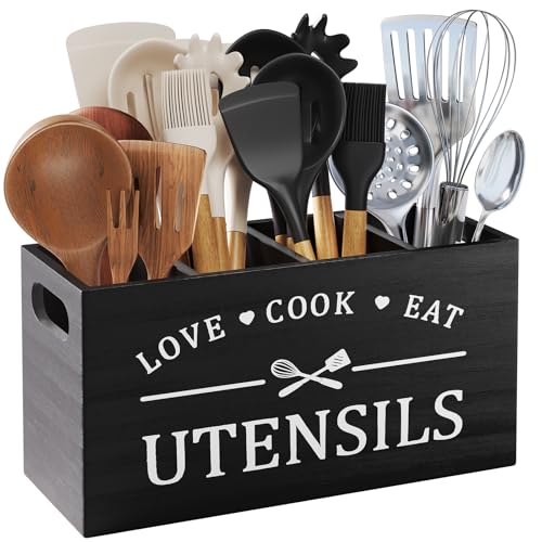 Extra Large Utensil Holder for Kitchen Counter with 4 Compartments, Kitchen Cooking Utensils Holder for Countertop,Black Wooden Utensil Caddy for Farmhouse Spatula,Cutlery,Wood Wall Mounted Organizer