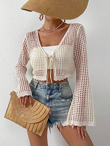 SHENHE Women's Tie Front Tops Bell Long Sleeve Knit Crochet Cardigan Crop Top3
