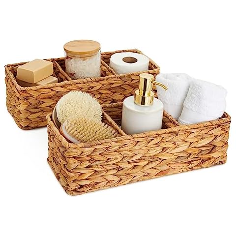 Farmlyn Creek 3-Section Wicker Baskets for Shelves, Water Hyacinth Storage Baskets for Bathroom Organizing, Toilet Paper Basket for Back of Toilet Tank Top, 2-Pack Cover