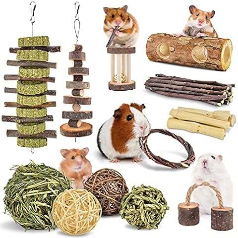 ERKOON New 12 Pack Hamster Chew Toys Gerbil Rat Guinea Pig Chinchilla Chew Toys Accessories, Natural Wooden Dumbbells Exercise Bell Roller Teeth Care Molar Toy for Rabbits Bird Rabbits Hamster Gerbil Cover