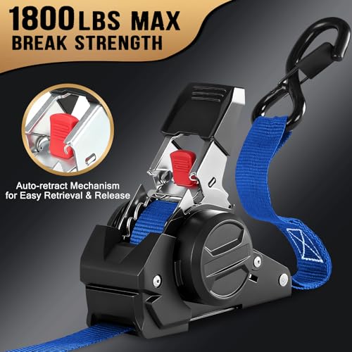 Image of 10FT Retractable Ratchet Straps(2-Pack) - 1 Inch (1800 LB Break Strength) Heavy Duty Self Retracting Ratchet Straps with Soft Loops & Storage Bag for Household, Motorcycle, Truck, ATV(Blue)