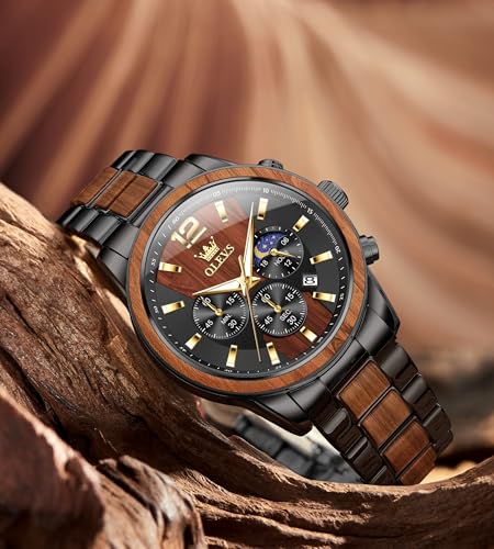 Image of OLEVS Chronograph Watches for Men Original Analog Quartz Gold Silver Stainless Steel Metal Strap Blue Luxury Moon Phase Date Waterproof Branded Men's Wrist Watch