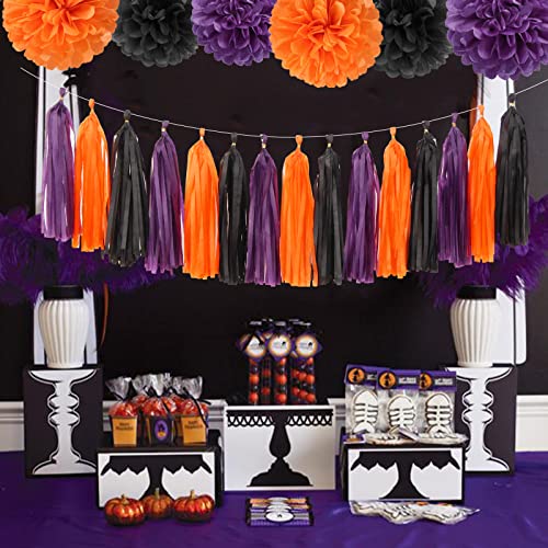 Image of Black Purple Orange Halloween Party-Decorations - 23pcs Tissue Pom Poms Streamers,Tassel Garland Banner,Graduation 2026 Birthday Wedding Baby Bridal Shower Decor Bunting Lasting Surprise