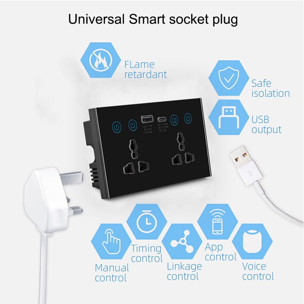 Prise Universelle UE/UK/US Tuya WiFi Noire avec Interrupteur Intelligent et Port USB et Type-C Smart Life
