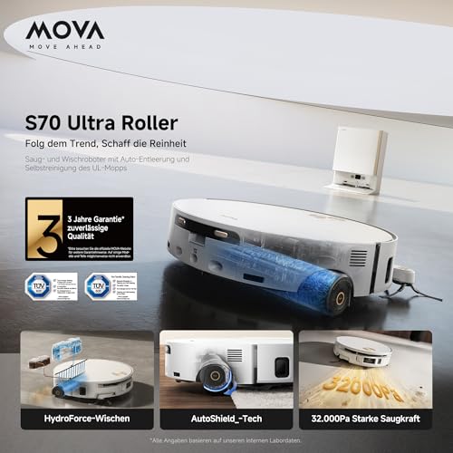 MOVA S70 Ultra Roller Saugroboter, Dual-Verwirrschutz, 32.000 Pa, Weiß – Ansicht 2
