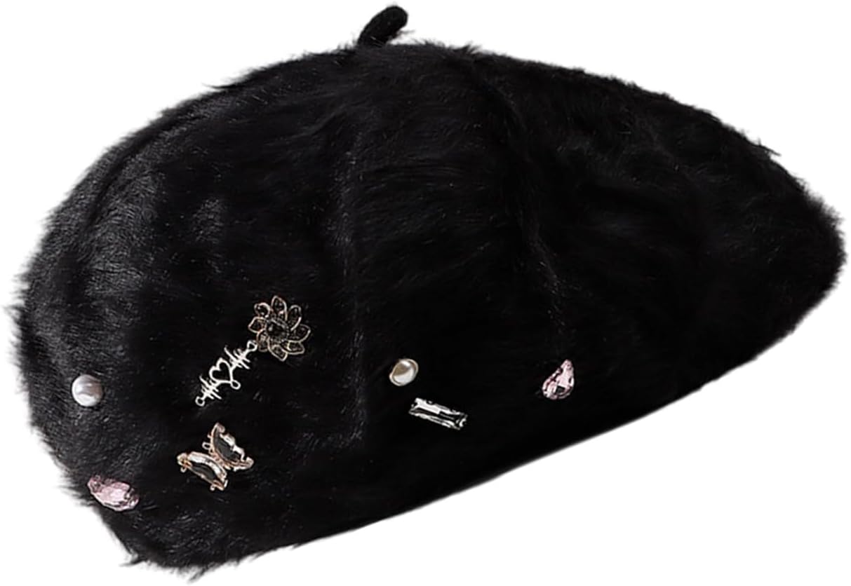 Furry Berets Cabbie Hat with Crystal Charm Painter Berets Baker Boy for Street Strolling Furry Photo Props Vintage Hats Black