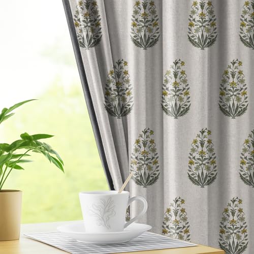 Image of LINENWALAS Printed Blackout Curtains for 7 Feet Door | Set of 2 | Printed Drapes | Thermal Insulated, Room Darkening Panels with Grommet Hanging for Living Room (Mustard mughal buta)