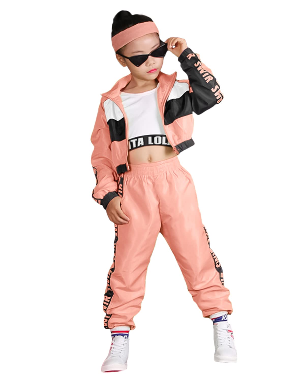 LOLANTA 3-teiliges Hip-Hop-Outfit für Mädchen, 80er-Jahre-Retro-Trainingsanzug mit Farbblockdesign, bauchfreies Tanktop, Reißverschlussjacke, Jogginghose 4–13 Jahre