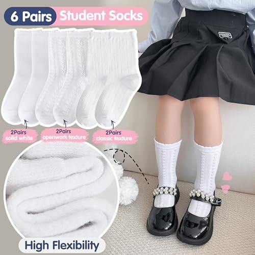 EBMORE Girls Kids Ruffle Socks Uniform School Dress Crew Cotton Textured Breathable Socks 6 Pairs4
