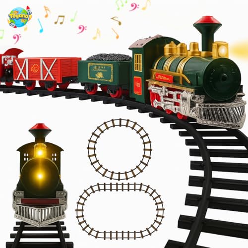 Toyana Electric Train Set for Kids - 12 Piece Christmas Train with Light-Up Engine Realistic Sounds Classic Model Railway Locomotive Carriages Tracks & Accessories for Children Age 3+