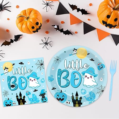 Image of 96PCS Halloween Little Boo Baby Shower Plates and Napkins for Boo baby shower Decorations Disposable Blue and Black Dinnerware Plates Napkins Forks for Halloween Party Favors