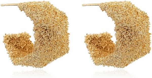 Eioi & Lmnm Women's Gold Matte Textured Geometric Half Hoop Earrings, Chunky Gold Statement Earrings, C Shaped Geometrical Gold Stud Earrings, 925 Sterling Silver Posts Hypoallergenic Gold Half Hoop Earrings, Trendy Jewelry Gift for Her