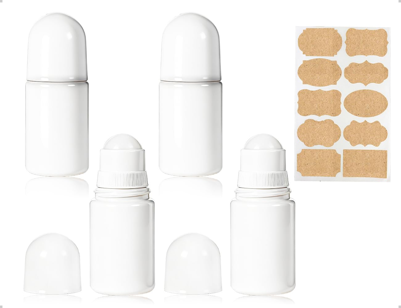 Paquete de 4 Frascos Roll-On Rellenables de Plástico con Etiquetas Adhesivas Para Aromaterapia, Aceites Esenciales, Perfumes y Viajes (Blancos, Redondos, 50 ml)