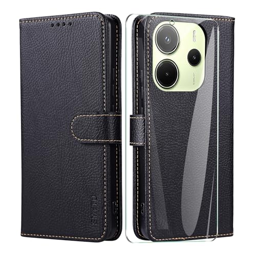 SMYTU Funda para Xiaomi Redmi Note 14 4G (6.67") con Cristal Templado,Flip Magnético Case PU Cuero Billetera Carcasa Libro Caso - Negro