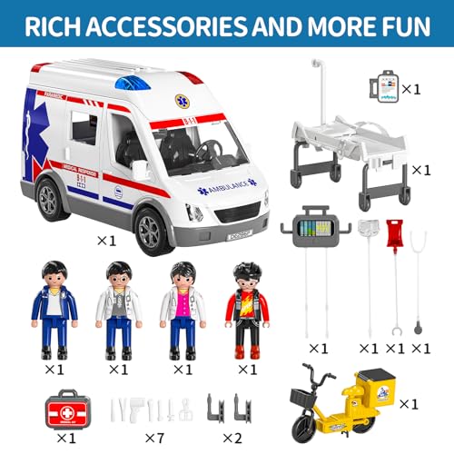 Temi DB-108 Ambulance Toy For Kids 3 4 5 6 7 8 Years Old Friction Powered Truck With Light And Sound Emergency Vehicle Toys thumb #8