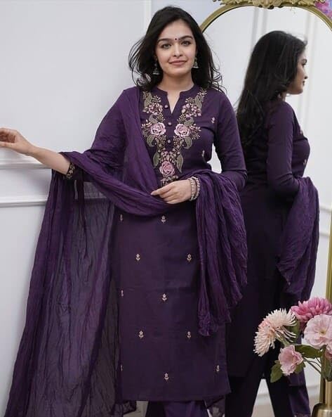 Image of Women's Purple Embroidered Cotton Kurti with Palazzo and Dupatta Set, Ethnic Indian Wear, Floral Design
