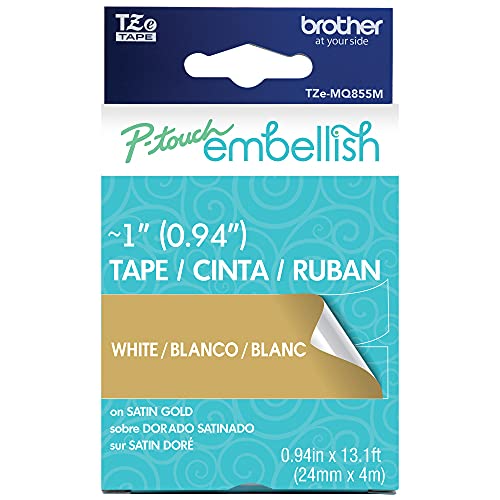 Image of Brother P-Touch Embellish White Print on Satin Gold Tape TZEMQ855M ~1 inch inch Wide x 13.1ft Long (24mm x 4m), TZe-MQ855M