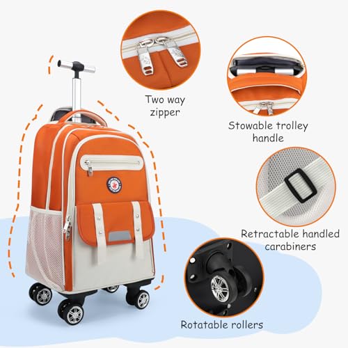 Egchescebo Kids Rolling Backpack for Girls Suitcases Trolley Roller Luggage Backpacks with Rotating Wheels Laptop for Elementary 18” Travel School Bag Mochila Ruedas Para Niños Orange4