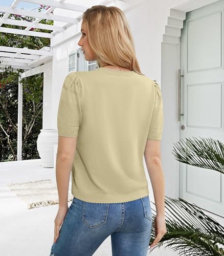Image of 2024 Summer Women's Short Sleeve Kint Top Crew Neck Casual Ribbed Sweater Loose Textured Pullover Sweaters Tops