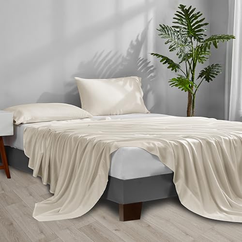 ACCURATEX Cooling Sheets Queen Size - 100% Viscose Made from Bamboo, Luxury Cool Silky Sheet Set for Queen Size Bed, Super Soft Breathable Bedding Sheets up to 16 inches Deep Pockect, Beige